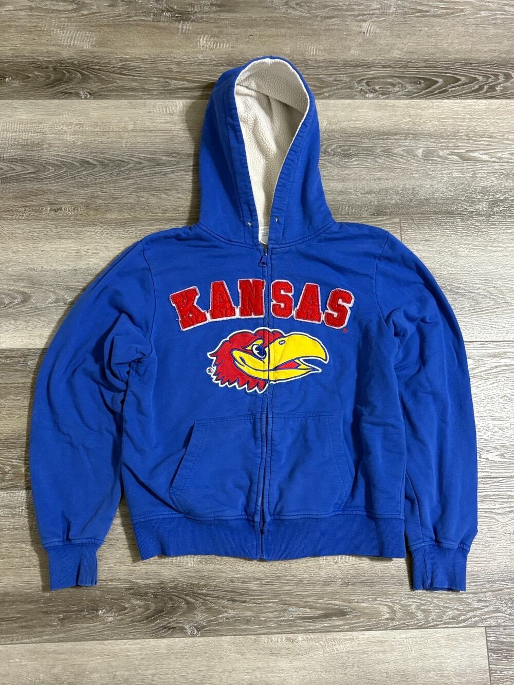 Kansas University Spellout Logo Fleece Lined Blue Zip Up Hoodie - Men’s Medium